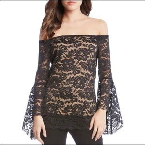 Karen Kane Blouse Chic Black Lace Bell Statement Sleeve Cold Shoulder Top NWT